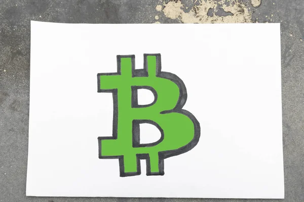 Green Bitcoin Sign Drawn Sheet White Paper Gray Background Concept — Stock Photo, Image
