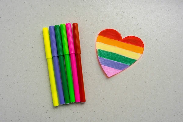 Heart Painted Rainbow Colors Lgbt Community Multicolored Markers Table Heart — Stock Photo, Image