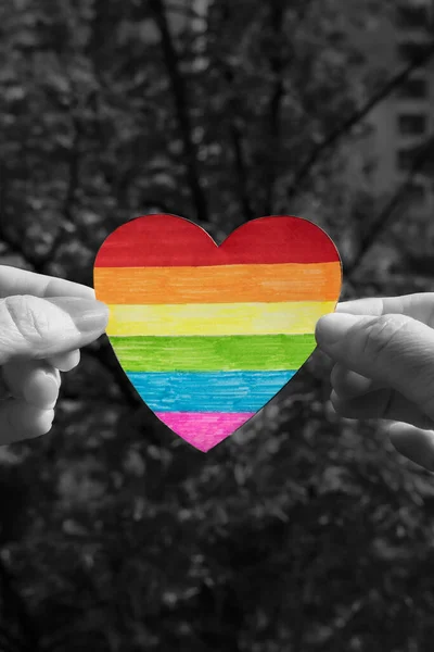 Coeur Fait Main Peint Dans Les Couleurs Drapeau Lgbtq Dans — Photo