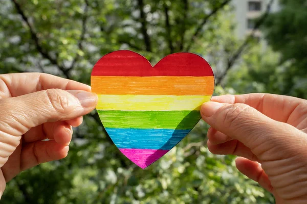 Handmade Heart Painted Colors Lgbtq Flag Hands Woman Concept Tolerance — Stock Photo, Image