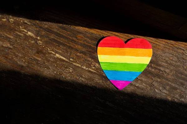 Rainbow Hand Made Heart Grungy Wooden Background Concept Lgbtq Pride — Stock Photo, Image