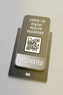 covid-19 dijital sağlık pasaport, kişinin aşılandığını kanıtlıyor, metin için kopyalama alanı olan gri arkaplan, dikey görüntü
