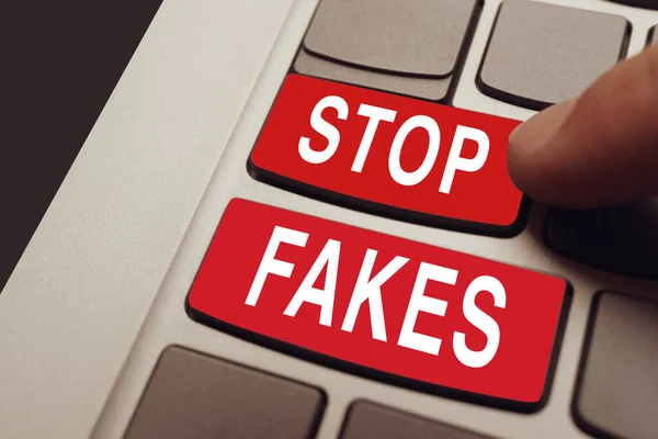 Stop Fakes Two Red Buttons Laptop Keyboard Finger Tries Press Royalty Free Εικόνες Αρχείου