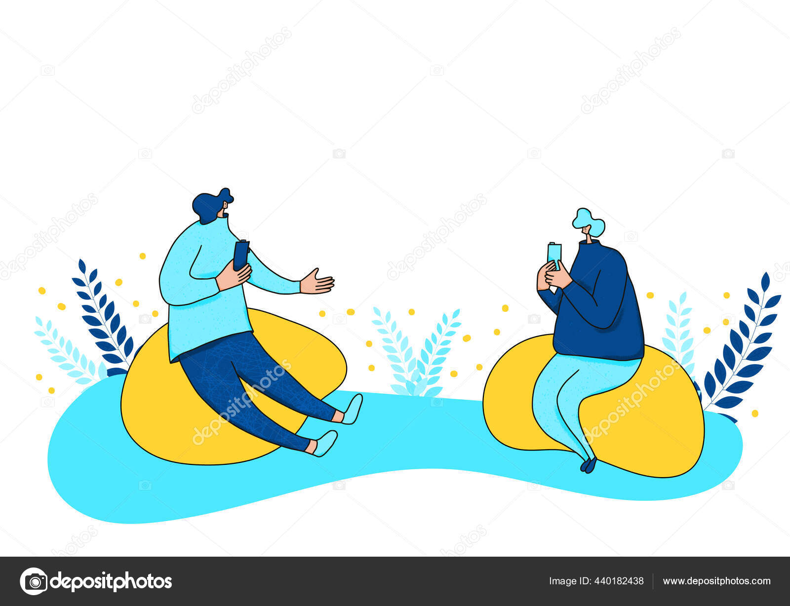 Two Cute Characters Sitting Poufs Using Phone Texting Message Young