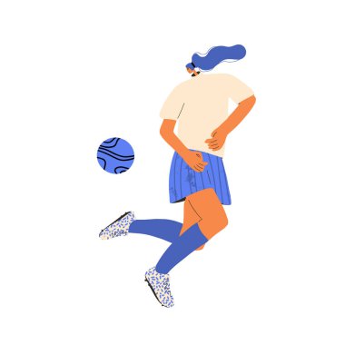 Üniformalı genç bayan futbolcu. Spor giyimli kadın futbol atleti ve spor toplu botlar. Vektör düz karakter.