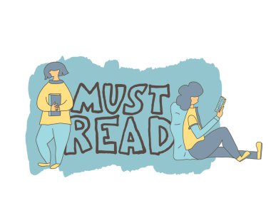 Amblemi okumalıyım. Elle çizilmiş metni olan iki kitap sever karakter. Popüler edebiyat sayfalarını karıştıran erkek ve kadın kişiler. Vektör düz resimleme.