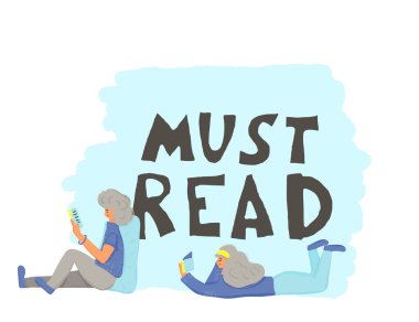 Amblemi okumalıyım. Elle çizilmiş metni olan iki kitap sever karakter. Popüler edebiyat sayfalarını karıştıran erkek ve kadın kişiler. Vektör düz resimleme.