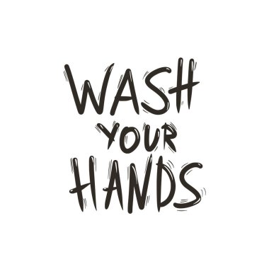 Ellerinizi mürekkep mesajıyla yıkayın. El çizimi metin. Kişisel temizlik ve dezenfeksiyon uyarısı. Vektör illüstrasyonu.