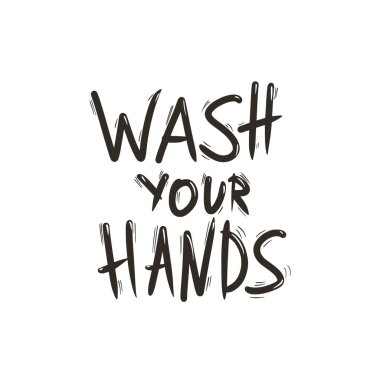 Ellerinizi mürekkep mesajıyla yıkayın. El çizimi metin. Kişisel temizlik ve dezenfeksiyon uyarısı. Vektör illüstrasyonu.