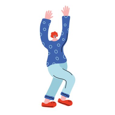 Dansçı beyaz arka planda izole edilmiş. Yalnız dans eden mutlu genç adam. Sevimli insan eğleniyor. Vektör renk çizimi.