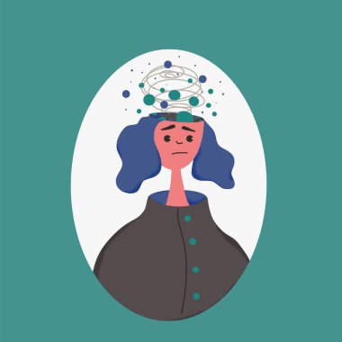 Depresyon. Zihinsel sorunları olan bir kızın portresi. Bir sürü kafa karıştırıcı düşünceleri olan bir kadın tenager. Kötü ruh hali içinde genç bir kadın. Özel ihtiyaçları olan biri. Vektör düz resimleme.