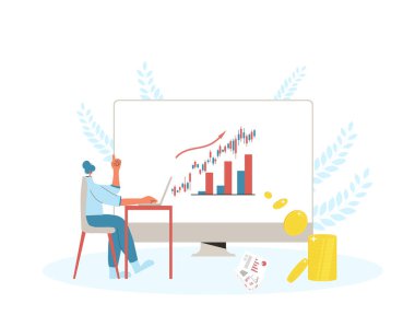 Finansal danışman. Küçük hissedar yatırım yapmak için dijital servis kullanıyor. Kadının bir yatırım fikri var. Devasa bozuk paralarla kadın analist, bilgisayarın ekranında grafik. Vektör düz renk illüstrasyonu.