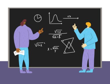 Matematikçiler birbirlerine diyagramı, teoremi ve notları açıklıyorlar. Tebeşir tahtasının yanında bilimsel çözümleri tartışan adamlar. Öğrenci ve öğretmen tartışıyor. Vektör düz resimleme.