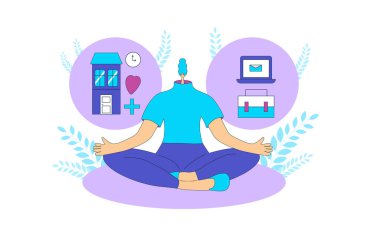 Hayat konseptinde denge. Yoga nilüferinde oturan genç bir kadın poz verip tatmin olmayı düşünüyor. Kız, iş ve ev arasında, kariyer ve aile arasında, boş zaman ve iş arasında seçim yapmaya çalışır. Vektör illüstrasyonu