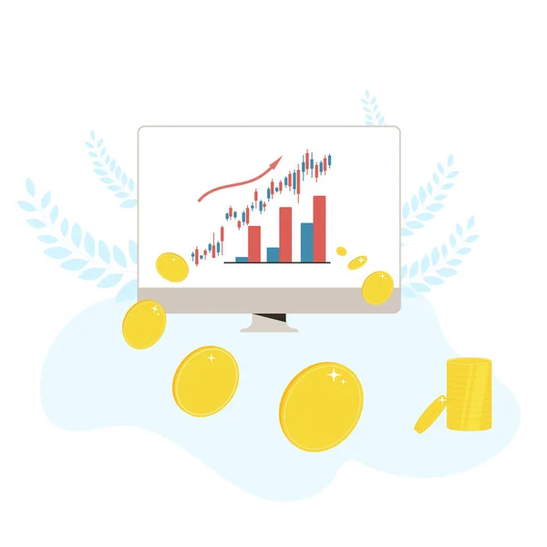Befektetési Koncepció Tőzsdei Fellendülés Részvényárak Növekedése Grafikon Számítógép Sreen Érmék — Stock Vector