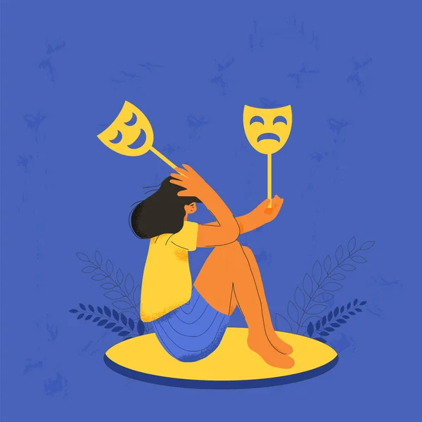 Bipolar bozukluk konsepti. Psikolojik sorunlar. Maskeli genç bir adam yerde oturuyor. Özel ihtiyaçları olan kadın karakter. Vektör düz resimleme.