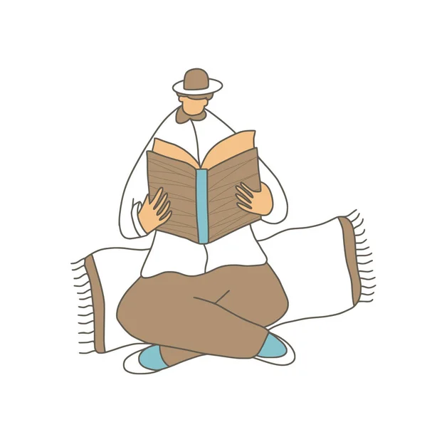 Молодой Человек Шляпе Читает Книгу Белом Фоне Студент Одет Повседневную — стоковый вектор