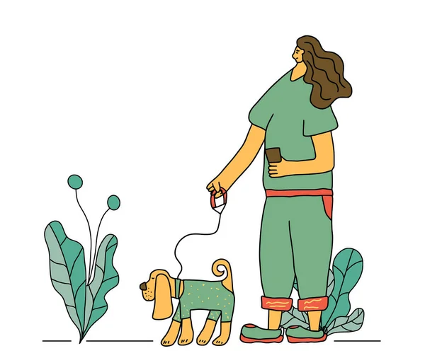 Σκηνή Περιπάτου Ιδιοκτήτρια Περπατάει Κατοικίδιο Της Νεαρή Γυναίκα Κρατάει Σκυλί — Διανυσματικό Αρχείο