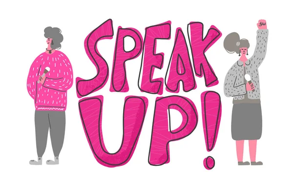 Sprechercharaktere Sprechen Sie Zitat Zwei Junge Frauen Mit Mikrofon Redner — Stockvektor