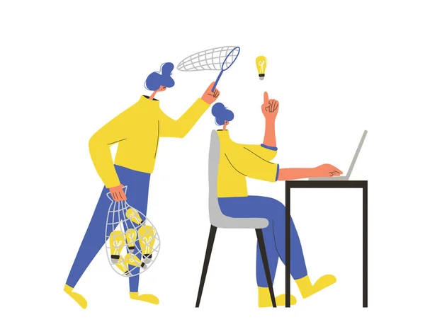 İntihal konseptinden, telif haklarının ihlalinden kaçının. Genç bir kadının bir fikri var ve onu çalma metaforu. Ampuller için ağı olan bir hırsız. Vektör düz renk illüstrasyonu.