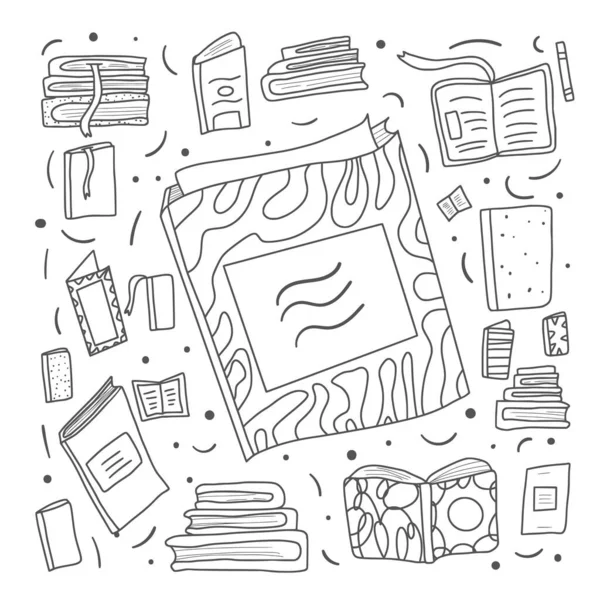 Βιβλίο Στυλ Doodle Τετράγωνη Σύνθεση Σύμβολα Ανάγνωσης Ιδέα Της Λέσχης — Διανυσματικό Αρχείο