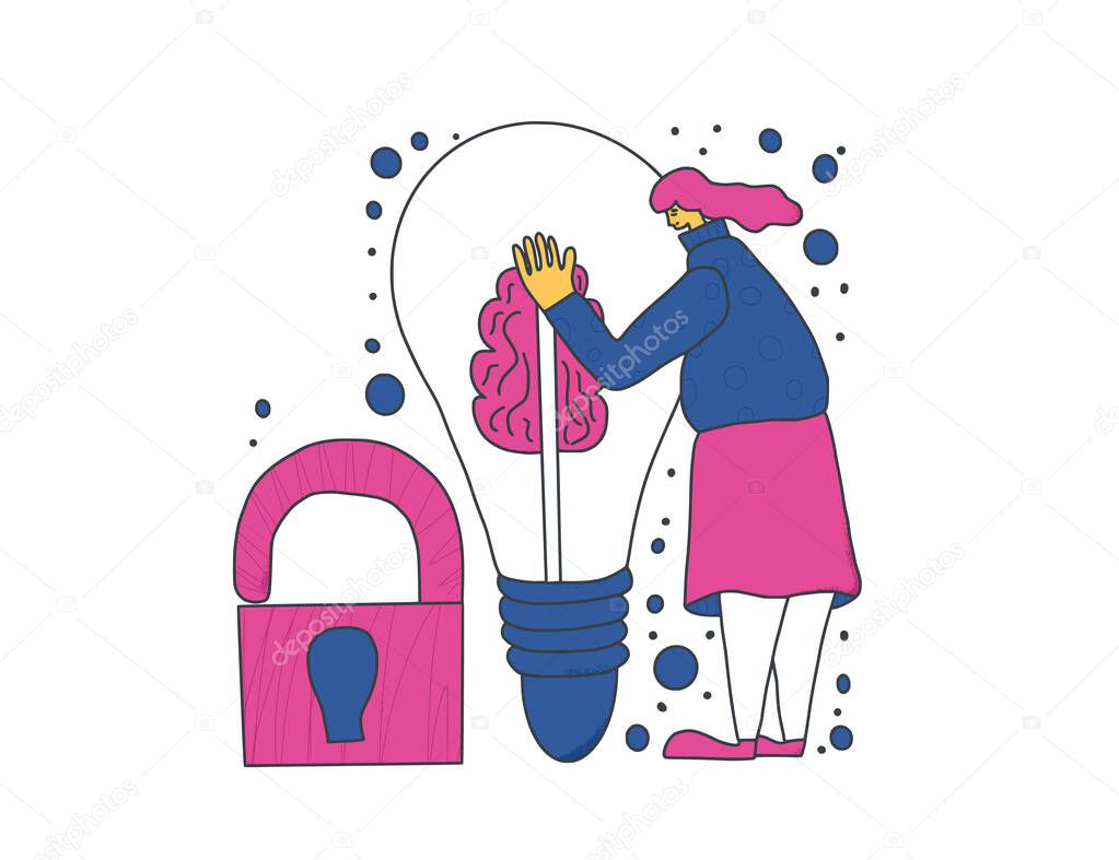 Avoid plagiarism concept. Young woman trying to protect her idea isolated on white background. Intellectual property metaphor. Female person hugging a huge bulb. Vector illustration in doodle style.