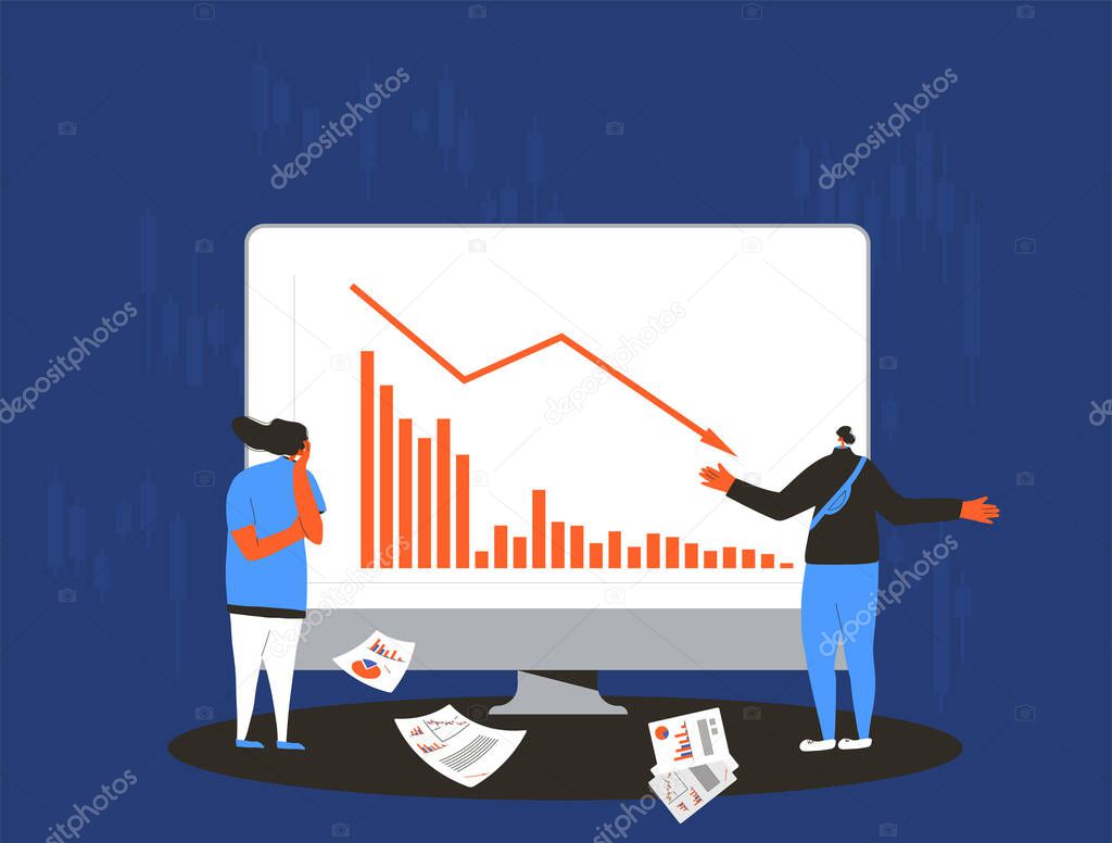 Stock market crash. Invest in the company's bonds fail. Frustrated man and woman with reports of stocks plummeting on computer screen and paper sheets. Global recession. Vector flat illustration.