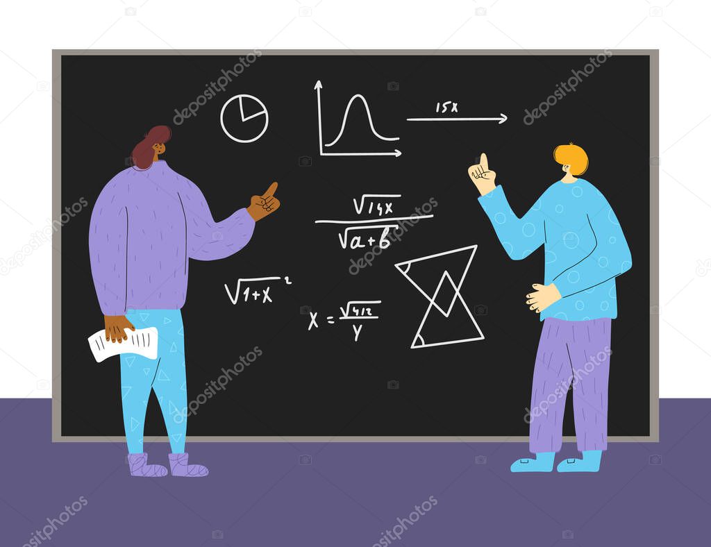 Mathematicians explaining diagram, theorem and notes to each other. Men discussing about scientific solution near a chalk board. Student and teacher discuss. Vector flat illustration.