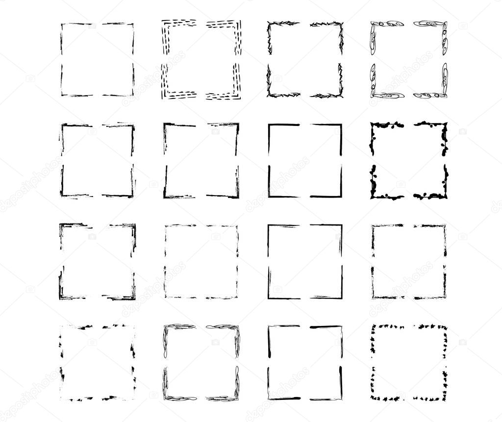 Set of black square grunge frames. Geometric empty borders collection. Vector illustration.