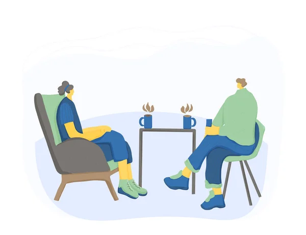 Setkání Přátel Dva Charctery Pijící Spolu Čaj Muž Žena Sedí — Stockový vektor