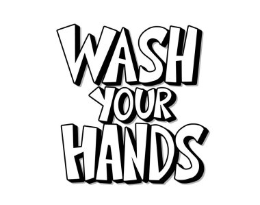 Lütfen ellerinizle çizilmiş metni yıkayın. Kişisel temizlik ve dezenfeksiyon uyarısı. Vektör illüstrasyonu.
