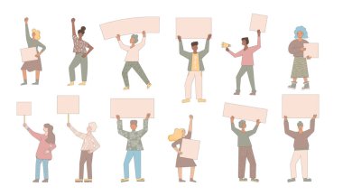 Beyaz arka planda izole pankartlar tutan insanlar. Kurusıkı mermilerle ayakta duran insanlar. Erkekler ve kadınlar sıradan kıyafetler giyip pankartlarla greve katılıyorlar. Sosyal aktivizm. Vektör illüstrasyonu.