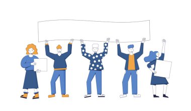 İtiraz ediyorum. Beş aktivist pankart tutuyor. Kurusıkı mermilerle birlikte duran insanlar. Pankartlı bir grup genç erkek ve kadın geçit törenine, greve katılıyor. Sosyal aktivizm. Vektör satırı illüstrasyonu.