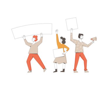 İtiraz ediyorum. Üç kişi pankart tutuyor. Kurusıkı kurusıkı arkadaşlar. Pankartlı iş arkadaşları geçit törenine, greve katılıyor. Sosyal aktivizm. Vektör satırı illüstrasyonu.