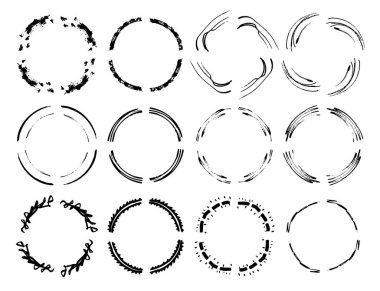Yuvarlak çerçeveli grunge seti. Siyah sınır koleksiyonu. Kolaj için elementler. Vektör illüstrasyonu.