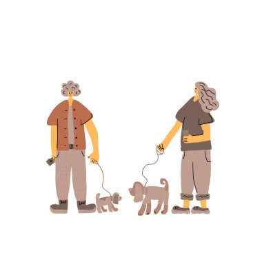 Köpek gezdiricileri. Sahipleri evcil hayvanlarla durup evcil hayvanları hakkında konuşuyor. Genç arkadaşlar köpeklere tasma takar. Vektör düz resimleme.