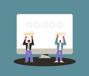 Geri bildirim konsepti. Müşteri değerlendirmesi. Ellerinde altın yıldızlarla plackardları tutan insanlar. Hizmet derecesi. Memnuniyet seviyesi. Tüketici ürün sıralaması. Vektör düz resimleme.