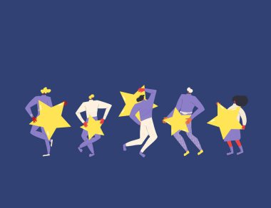 Geri bildirim konsepti. Elinde yıldızları tutan beş karakter. Hizmet derecesi. Memnuniyet seviyesi. Tüketici ürünü inceleme vektörü düz illüstrasyon.