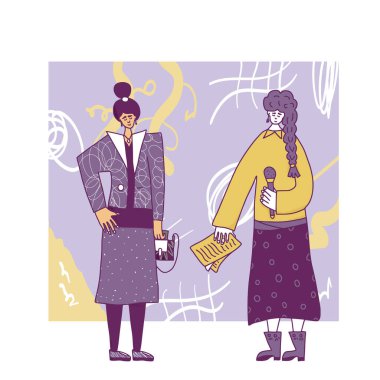 Gazeteci popüler kişiyle röportaj yapıyor. Ünlülerle röportaj yapan genç bir kız. Vektör illüstrasyonu.