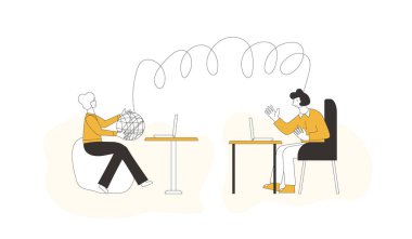 Online danışmanlık. Stresli bir hastayla internet terapisi seansı yapan bir psikolog. Koltuk dinliyor üzgün adam. Vecotor düz illüstrasyon.