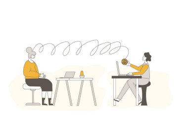 Psikolojik yardım çevrimiçi. Danışmanlık konsepti. Stresli bir hastayla internet terapisi. Psikiyatrist ve müvekkil duygulardan bahsediyor. Koltuk dinliyor üzgün adam. Vecotor düz illüstrasyon.