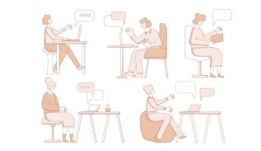 Görüntülü arama. Röportaj çevrimiçi. Dizüstü bilgisayarda oturan ve iş arkadaşlarıyla uzaktan konuşan insanlar, beyaz arka planda izole edilmiş bir aile. Vecotor düz illüstrasyon.