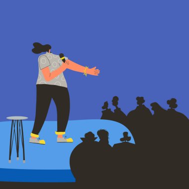 Stand-up gösterisi. Kadın komedyen sahnede gösteri yapıyor. Komedyen. Vektör düz karakterler çizimi.
