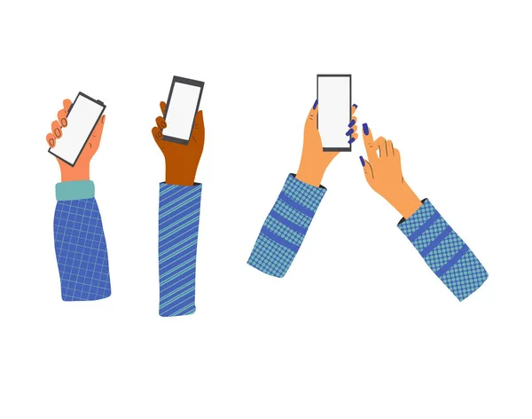 Menselijke Handen Die Een Telefoon Vasthouden Smartphones Met Leeg Scherm — Stockvector