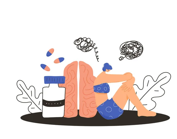 Zihinsel bozukluk tıbbi tedavisi. Psikiyatrik ya da psikolojik problemler. Kötü ruh hali olan bir kadın karakter. Vektör düz çizgi film illüstrasyonu.