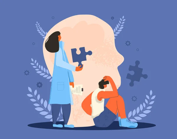 Danışmanlık terapisi. Bulmaca parçaları olan kadın tıbbi karakter bazı zihinsel sorunları olan gençlere yardım etmeye çalışıyor. Psikoterapi konsepti. Vektör düz çizgi film illüstrasyonu.