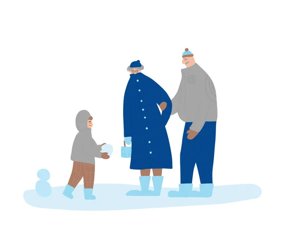Caminhada Inverno Familiar Avô Avó Netinho Juntos Pessoas Felizes Vestidas — Vetor de Stock