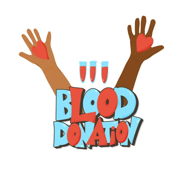 Blood Donation Concept Text Hands Hearts Flaks Vector Flat Illustration — Stock Vector