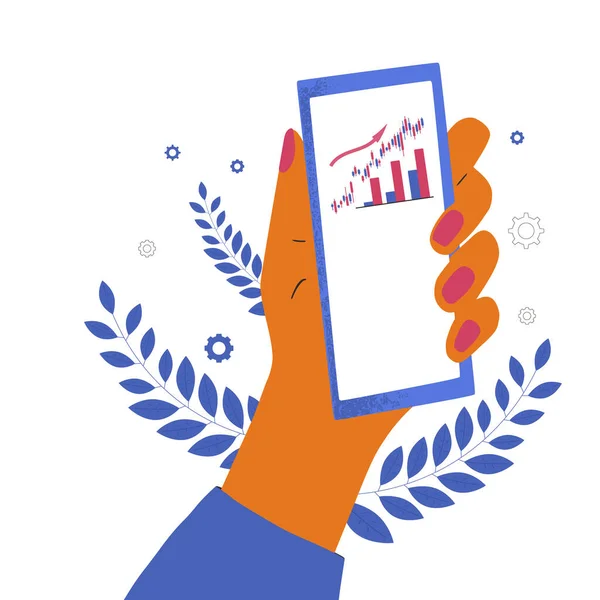 Investitionskonzept Handybildschirm Frauenhand App Für Digitale Investitionen Börsenboom Steigende Aktienkurse — Stockvektor