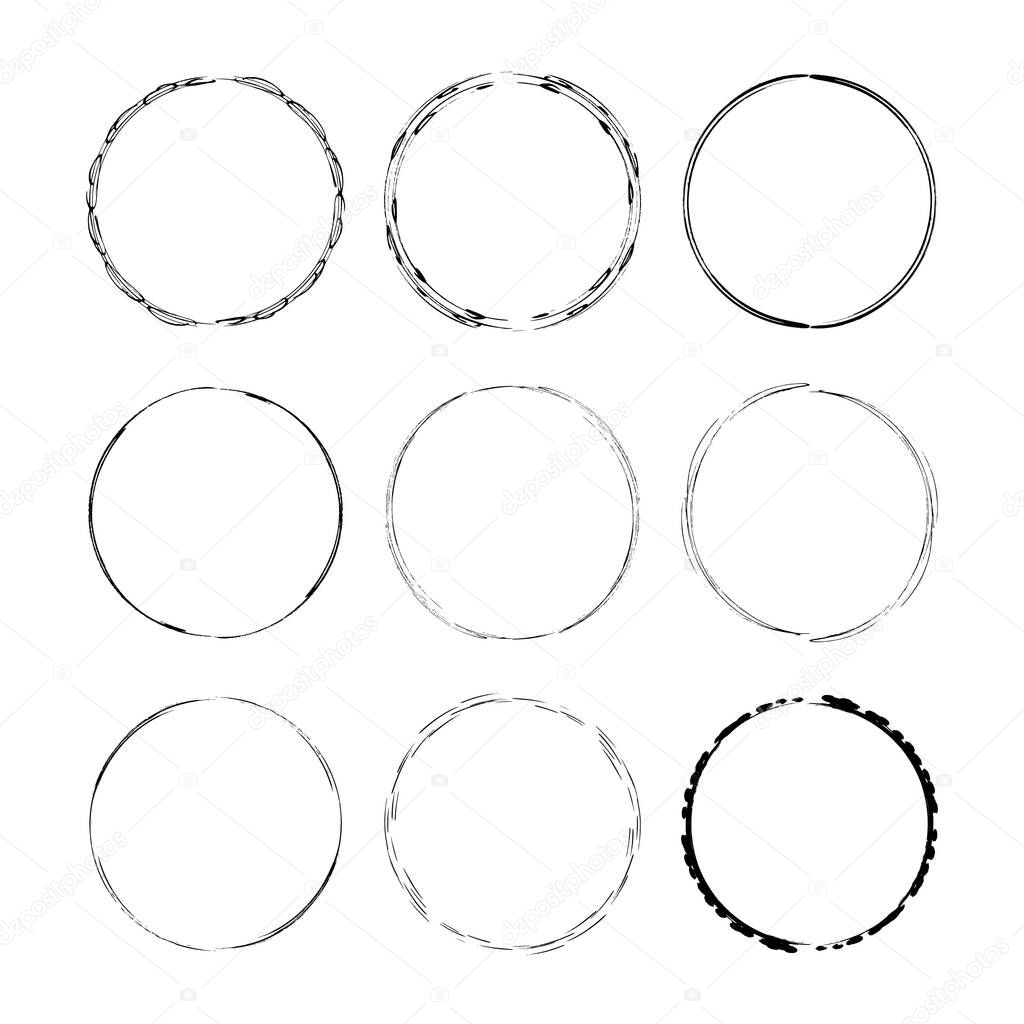 Set of black round grunge frames. Geometric empty borders collection. Vector illustration.